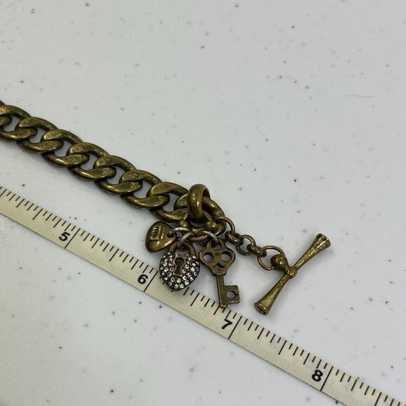 Fossil‎ Chain Bracelet Gold Tone Rhinestone Lock Key 7 Inch Charm Thick Cuban - Picture 7 of 7